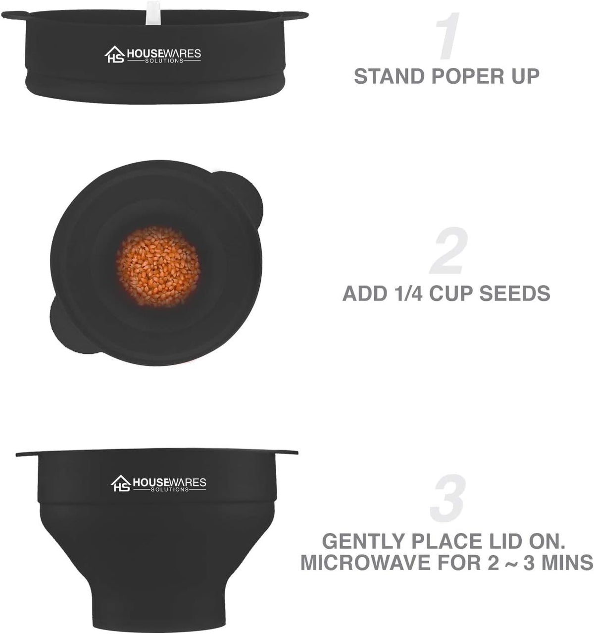 Collapsible Silicone Microwave Hot Air Popcorn Popper Bowl With Lid and Handles - Black