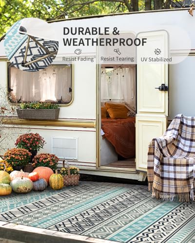 COCOER Boho Reversible Outdoor Picnic Blanket - 6x9 ft Blue Turquoise Floral Waterproof Plastic Straw Rug for RV Camping, Backyard, Deck