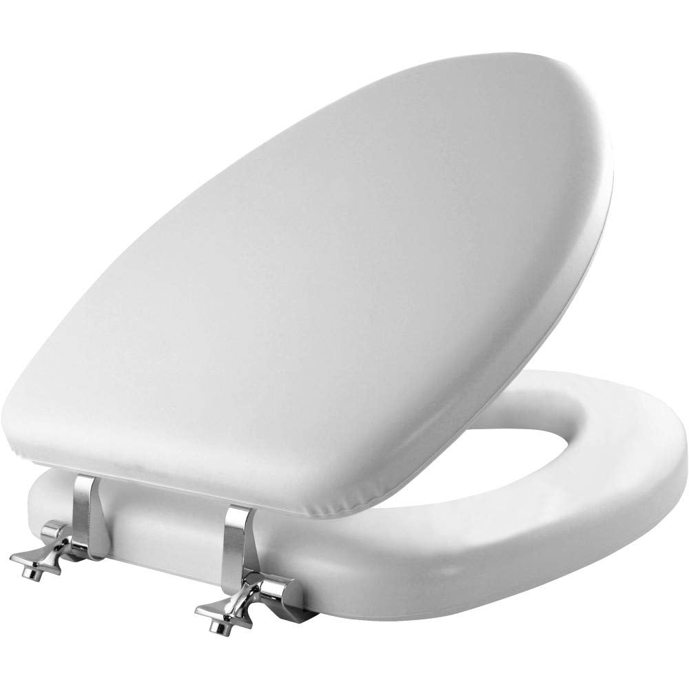 Mayfair Padded Toilet Seat with Chrome Hinges, Soft Vinyl Over Wood Core Seat, Made in USA, Elongated, White