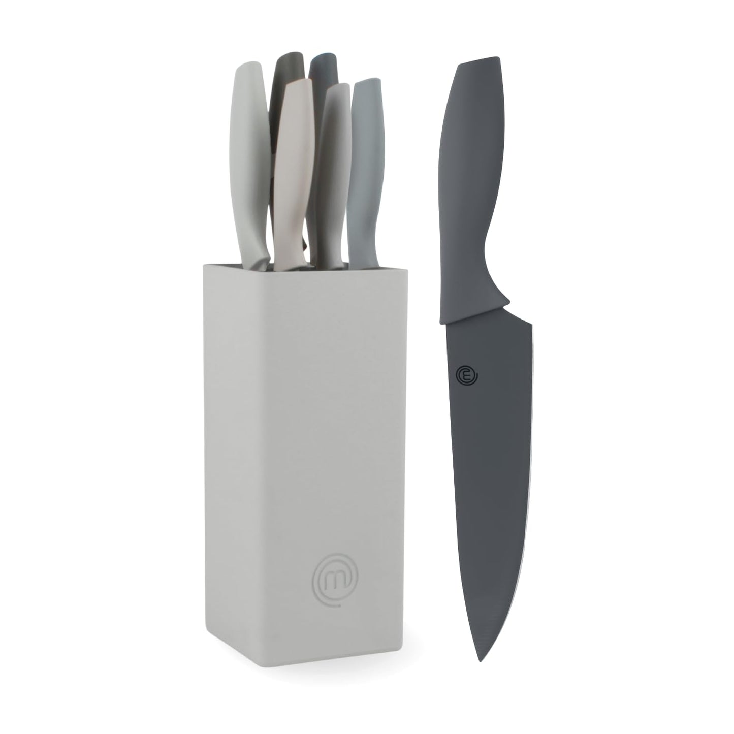 MasterChef Knife Block Set of 6 Kitchen Knives, Extra Sharp Stainless Steel Blades for Professional Cutting with Non Stick Coating & Soft Touch Easy Grip Handles in a Universal Holder, Earth Greys