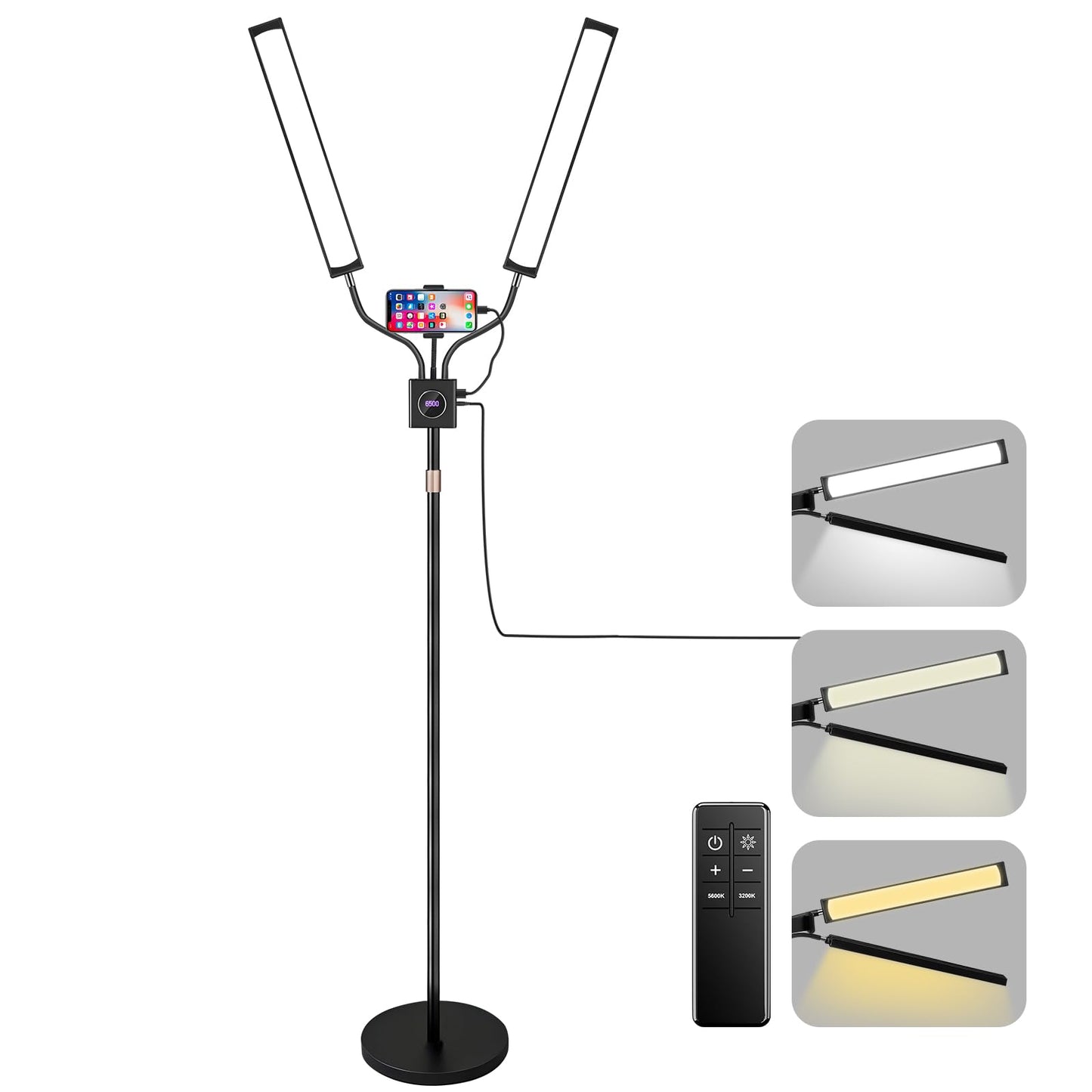 BeeMingle Lash Light for Eyelash Extension LED Floor Lamp with 3 Color Temperature, Lash Lamp Esthetician Light for Tattoos, Nail, Photograph, Adjustable Brightness Height with Phone Holder (Black)