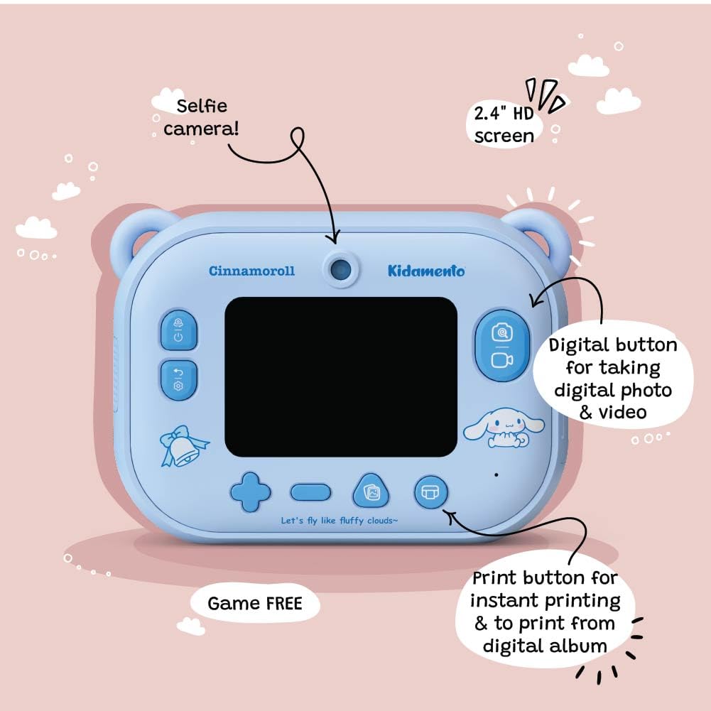 Cinnamoroll Instant Print Kids Digital Camera & Video Camcorder with Selfie Camera by Kidamento, Scavenger Hunt Momento Book, 32GB Memory Card - Model P Cinnamoroll