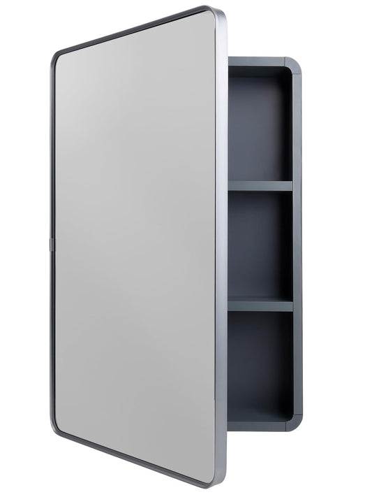 Avidanza 16x24 Inch Bathroom Medicine Cabinet with Mirror, Small Farmhouse Surface Cabinet with Soft-Close Hinges, Rounded Corner Aluminum Metal Vanity Frame & Glass, with 2 Toothbrush Holders (Grey)
