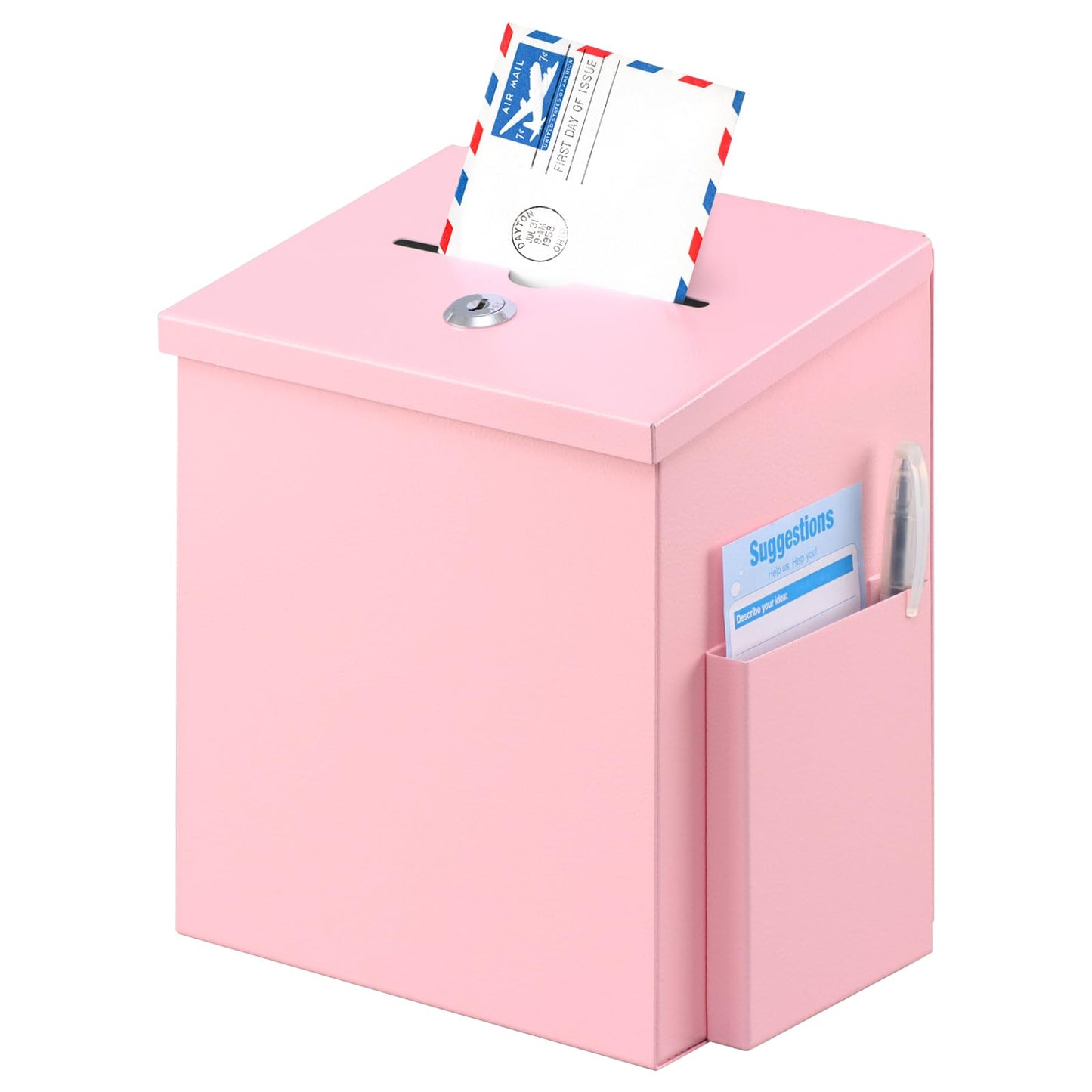 xydled Suggestion Box with Key Lock, Locking Metal Donation Ballot Drop, Comment Prayer Box with Slot for Office, Fundraising, Church, School, Home Use, Pink, 8.7 x 7.1 x 5.9 Inches
