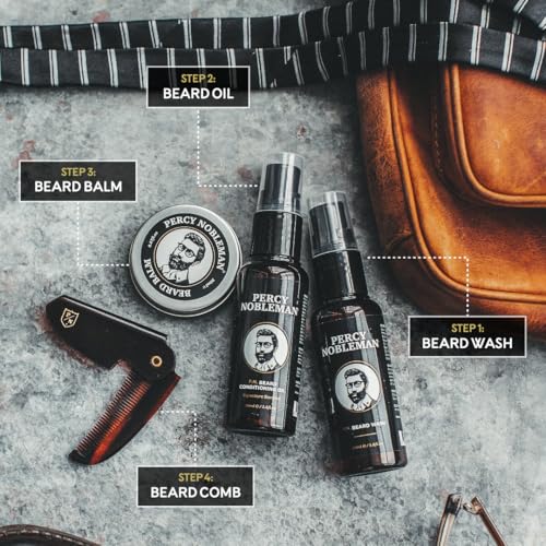 Percy Nobleman Beard Grooming Kit. Signature Scented Beard Oil 50ml. Beard Wash 50ml. Beard Balm 20ml. Beard Comb.