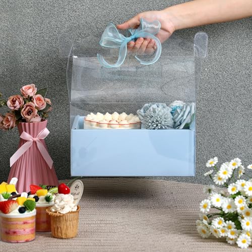 Honeydak 10 Kit 4 Inch Cake and Flower Clear Boxes, Portable Clear Gift Box for Cake and Flower Pack Together, Transparent Gift Packaging with Ribbon, Suitable Wedding Holiday Party Favors(Blue)