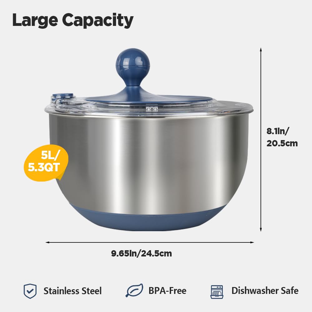 Shatomo Stainless Steel Salad Spinner, 5L Lettuce Spinner with Non-Slip Base, Drain and Stop Button, Fruit and Vegetable Washer and Dryer Spinner
