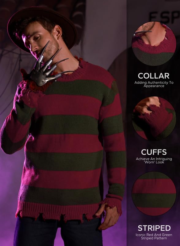 Arvilhill Men's Freddy Krueger Sweater Adult Nightmare on Elm Street Red & Green Striped Jumper Pullover 3XL
