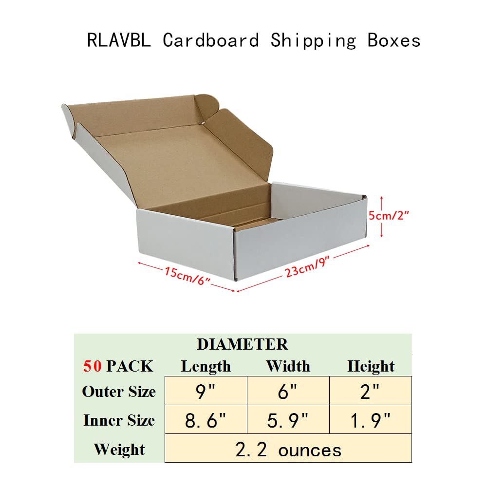 RLAVBL 9x6x2 Shipping Boxes Set of 50, White Corrugated Cardboard Box for Packing, Mailing, Business