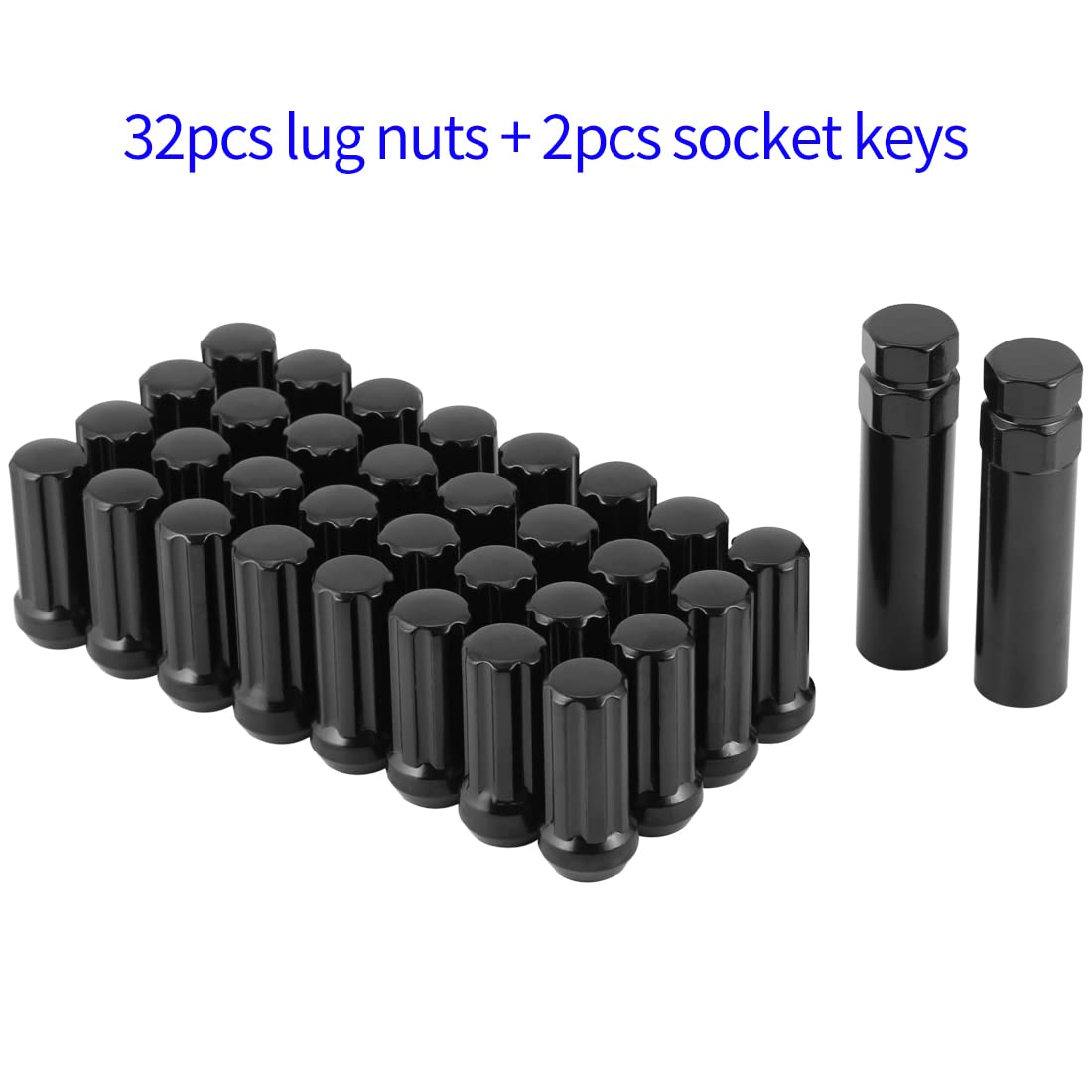 M14x1.5 Black 2'' Tall 32 Pack Lug Nuts - 14mmx1.5 Acorn Aftermarket Wheel Lug Nut Fit for Chevy Silverado 1500 2500, GMC, Ford, Ram