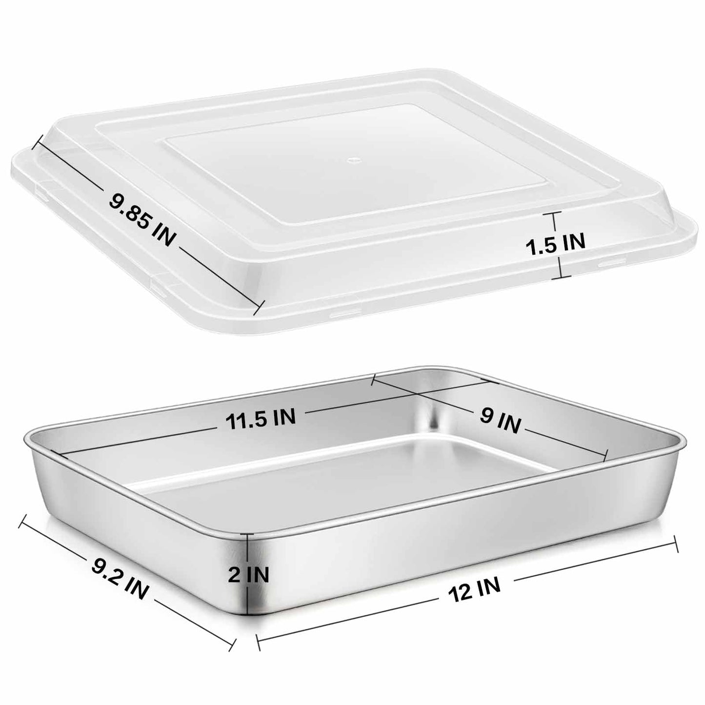 Stainless Steel Baking Pan with Lid, E-far 12⅓ x 9¾ x 2 Inch Rectangle Sheet Cake Pans with Covers Bakeware for Cakes Brownies Casseroles, Non-Toxic & Healthy, Heavy Duty & Dishwasher Safe - Set of 2