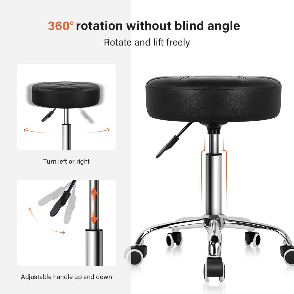 KKTONER Round Rolling Stool PU Leather Height Adjustable Swivel Drafting Work SPA Salon Stools Chair with Wheels (Black)
