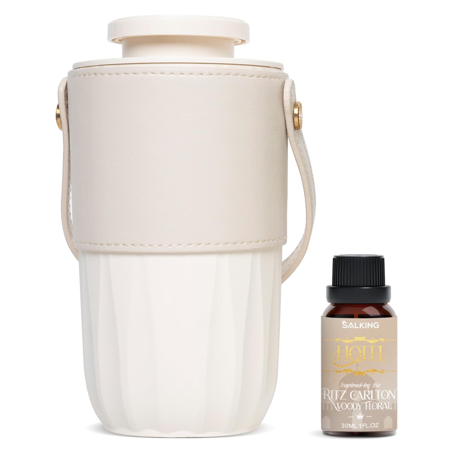 Waterless Essential Oil Diffuser with 30mL Hotel Scent Fragrance Oil, Battery Operated Portable Mini Diffuser with 1H/2H/4H Timer & Adjustable 2 Modes, Leather Handle for Home, Car, Travel, White