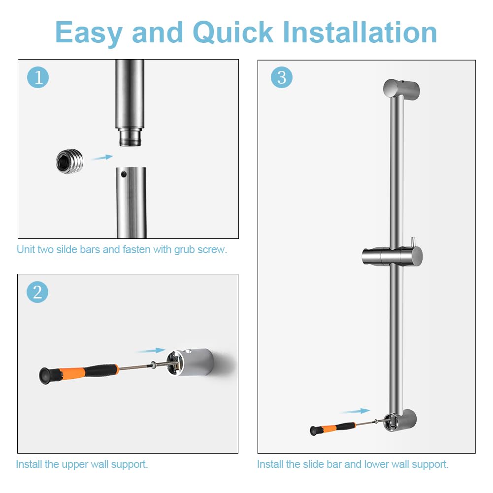 OFFO Shower Slide Bar 620mm(24 in) Adjustable Installation Distance 18-24 in with 360° Adjustable Handheld Shower Head Holder for Bathroom, Screw Wall Mounted, Chrome