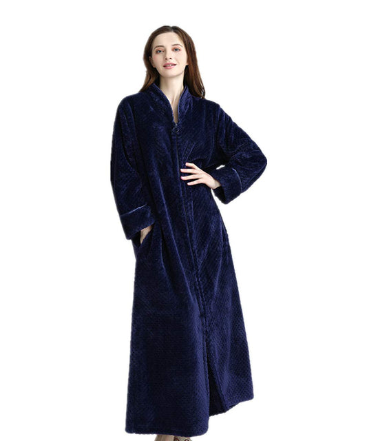 BIFINI Unisex Luxury Sherpa Bathrobe Full Length Zip Up Housecoat Sleepwear Navy XL