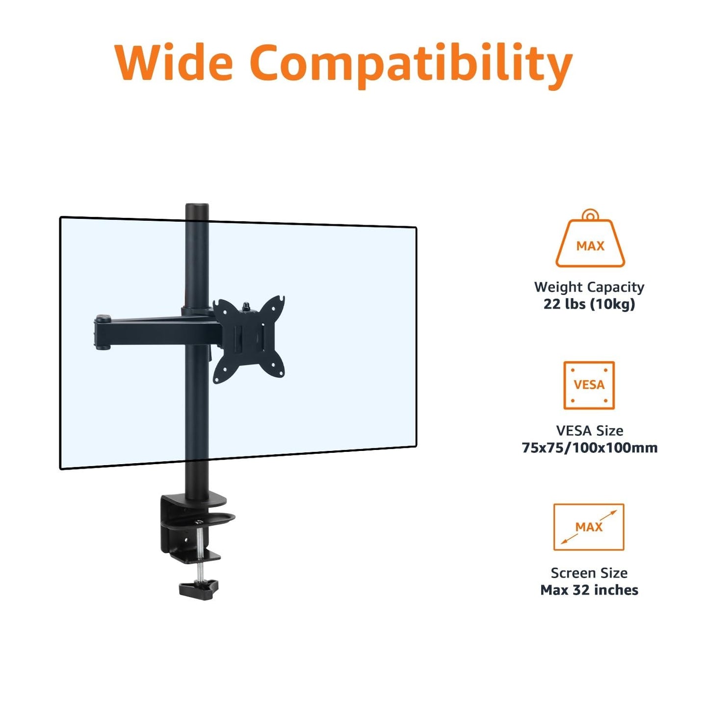 Amazon Basics Adjustable Single Computer Monitor Arm Mount, Holds up to 32" Monitors