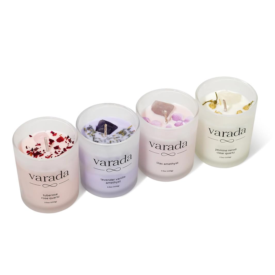 Aromatherapy Soy Candle Gift Set. Healing Crystals and Dried Flowers-90 Hours of Clean Burn. Lavender Vanilla, Rose, Jasmine Neroli, Lilac. Stress Relief. Relaxation. Birthday Gift.
