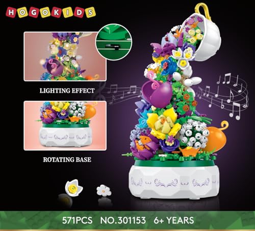 HOGOKIDS Flowers Music Box Building Block Kit with Light- 571PCS Botanical Collection Rotating Music Box Building Blocks Set | Valentine's Day, Birthday Gift for Girls Boys Couples Adults Kids Ages 6+