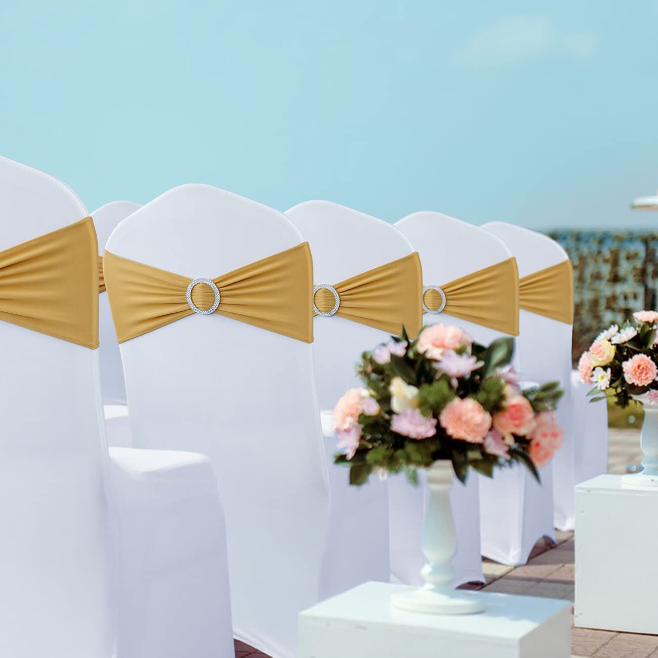 Spandex Chair Sashes Bows - Babenest 100PCS Premium Stretch Chair Cover Band with Buckle Slider Universal Elastic Chair Ties for Wedding Party Ceremony Reception Banquet Decoration (Gold)