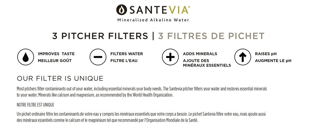 Santevia Water Filter Pitcher Replacement Filters, 3-Pack, Compatible with Santevia Classic Pitchers Only, Alkaline, Adds Back Minerals