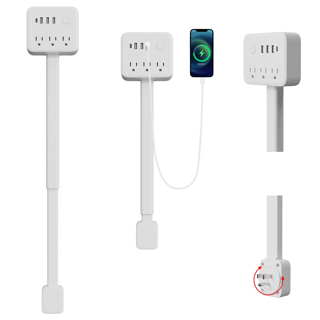 Electrical Outlet Extender Stick, 180° Rotating Surge Protector Power Strip, Featured 3 AC and 4 USB Ports, Multi Plug Wall Outlet Splitter | Ideal for Behind Couches, Nightstands, Desks | White