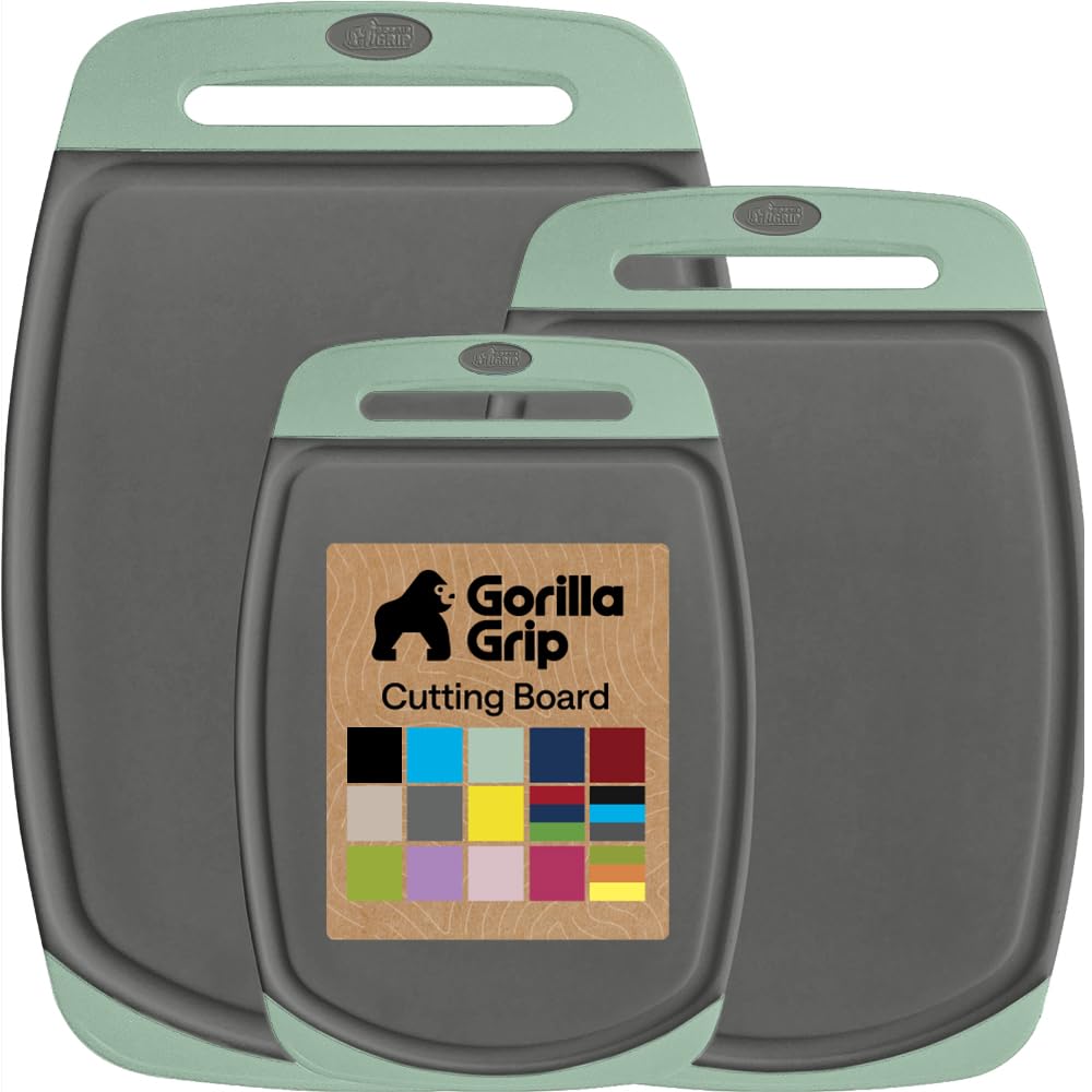 The Original GORILLA GRIP Oversized 100% BPA Free Reversible Durable Kitchen Cutting Board Set of 3, Juice Grooves, Dishwasher Safe, Easy Grip Handle Border, Food Chopping Boards, Cooking, Mint Gray