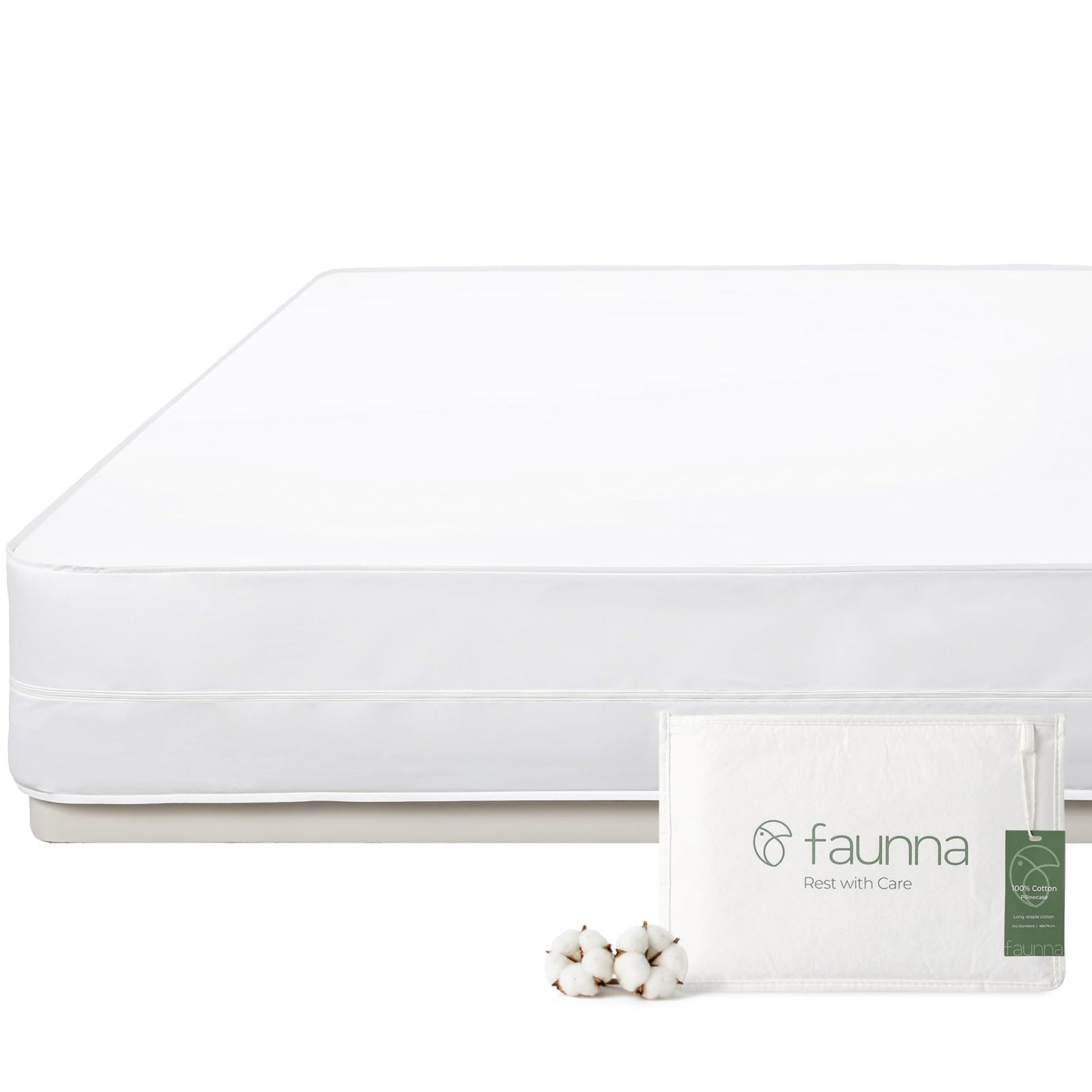 FAUNNA Zippered Mattress Encasement, 100% Cotton Bed Bug and Dust Mite Proof Protector, Six-Sided Noiseless Cover, White (Full 16" Deep)