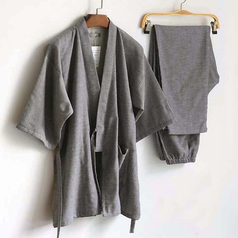 Fendawn Strive Classical Stylish Japanese Style Men Cotton Bathrobe Pajamas Kimono Casual Clothes, Grey