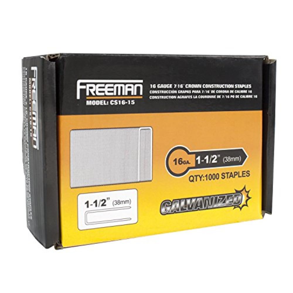 3 Packs Freeman of Galvanized Steel Construction Staples, 16 Gauge 1-1/2 inch Long with 7/16" Crown (1,000 Per Pack) - CS16-15PK3