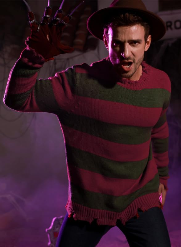Arvilhill Men's Freddy Krueger Sweater Adult Nightmare on Elm Street Red & Green Striped Jumper Pullover 3XL