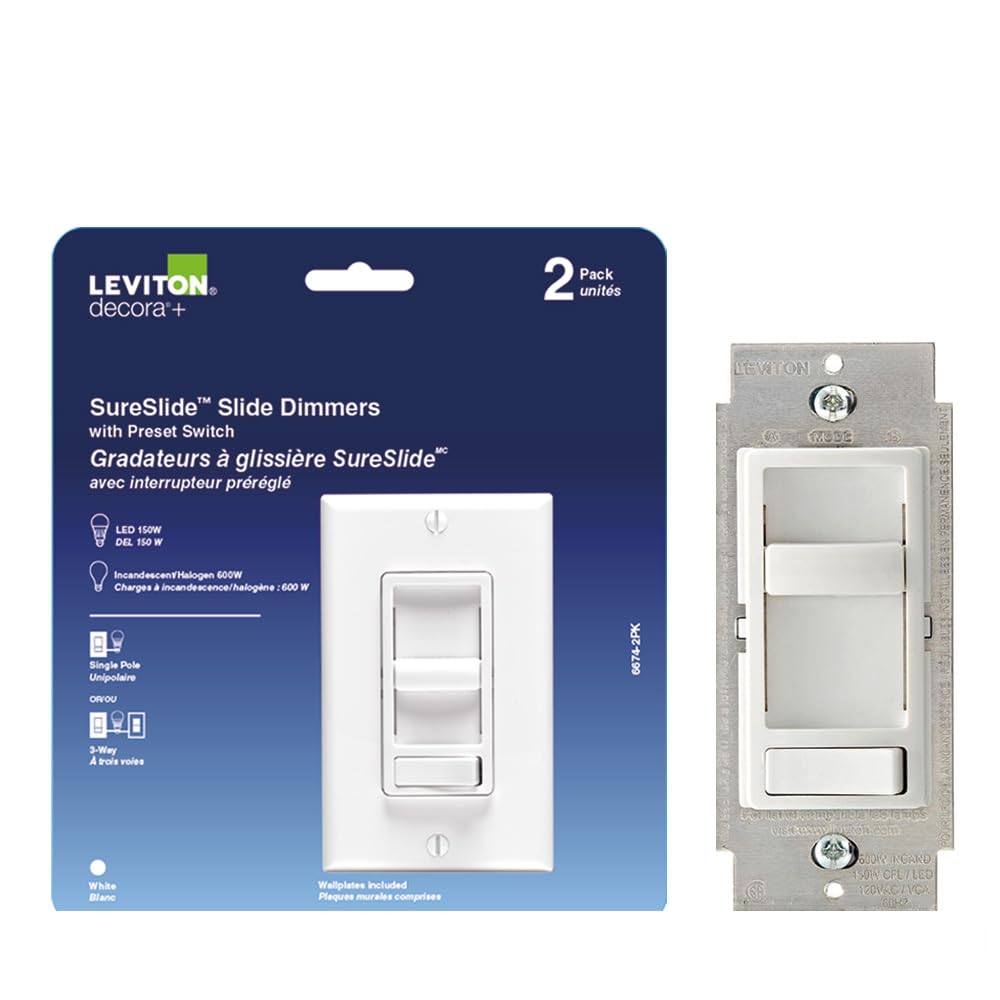 Leviton 2-Pack SureSlide Dimmer Switch for Dimmable LED, Halogen and Incandescent Bulbs, 6674-2PK, White
