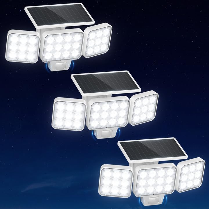 Motion Sensor Outdoor Lights 3 Pack,3500LM Bright Solar Lights Outdoor Flood Light, Upgrade Glass Panel, LED Solar Powered Security Light Spotlights Waterproof for Outside Yard-White