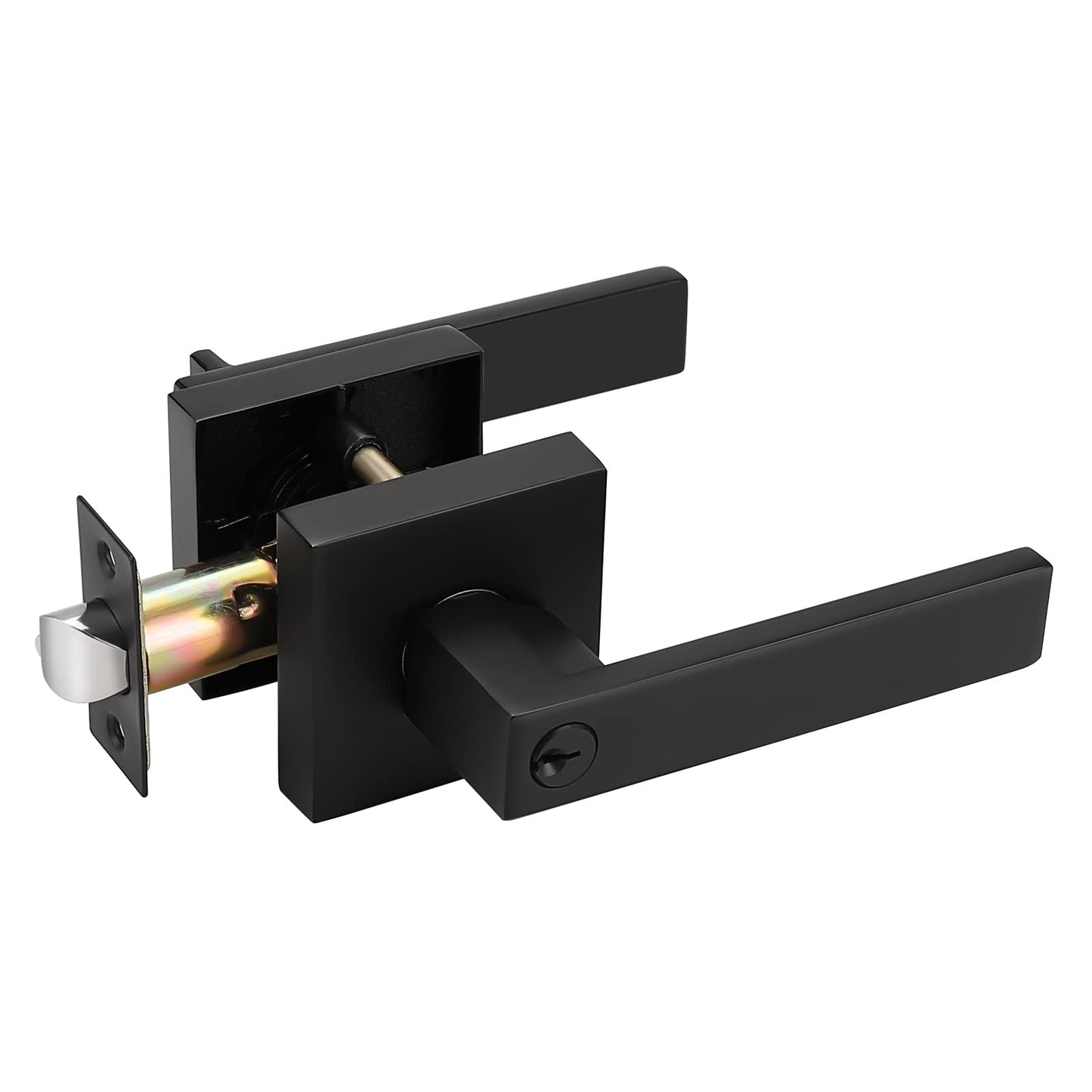 Probrico Matte Black Exterior Door Handle with Square Rosette, Keyed Alike Entry Door Lockset, Heavy Duty Reversible Door Lever for Left/Right Handed Door, 1 Pack