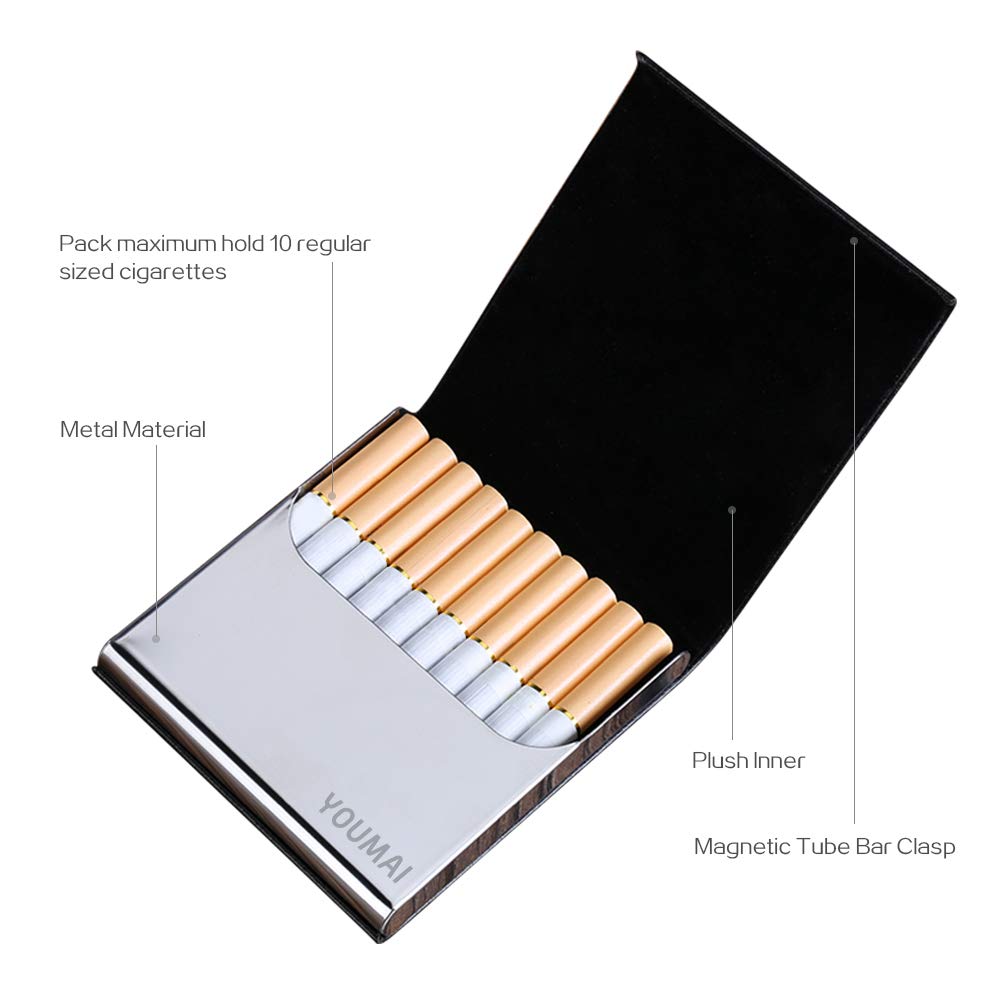 Portable Slim Leather Cigarette Case Ultrathin Lightweight Pocket Carrying Box for Hold 10 Regular Size (Black)