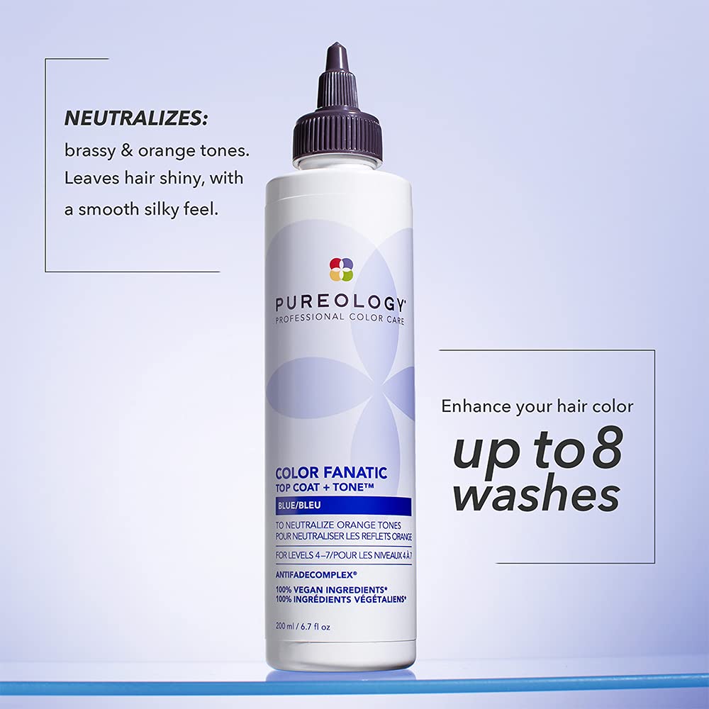 Pureology Color Fanatic Top Coat + Tone Blue High-Gloss Hair Toner | Toning Hair Gloss for Color-Treated Hair | Glaze For Dark Blonde to Brunette Hair | 6.7 Fl Oz