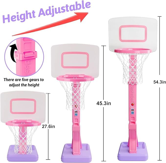 Basketball Hoop Indoor for Toddler, Adjustable Portable Basketball Hoop Set, Poolside Outdoor Backyard Outside Basketball Game Toy for Kids Age 3 4 5 6 7 8 (Pink Hoop)