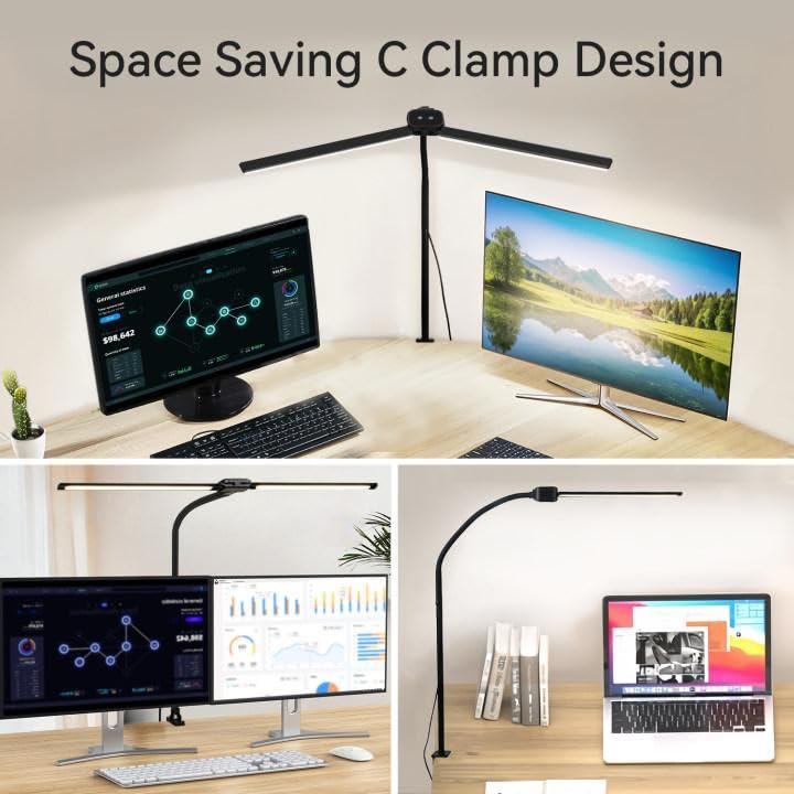 CNSUNWAY LED Desk lamp, Double Head Architect Desk Lamps for Home Office with Clamp, 3 Color 5 Brightness, Long Flexible Gooseneck, Eye Protection Desk Light with USB Adapter, Black