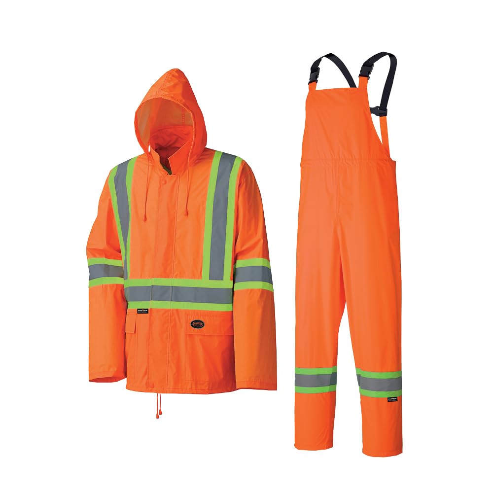 Pioneer Hi Vis Waterproof Lightweight Rainsuit - Work Safety Hooded Jacket and Bib Pants - Adjustable Pant Length - Hi Vis Orange