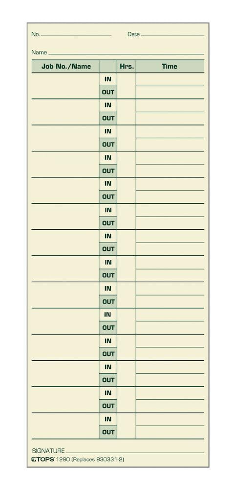 TOPS 1290 Business Forms Job Cards For Pyramid Model 1000 Electric Time Recorder, 500/Bx