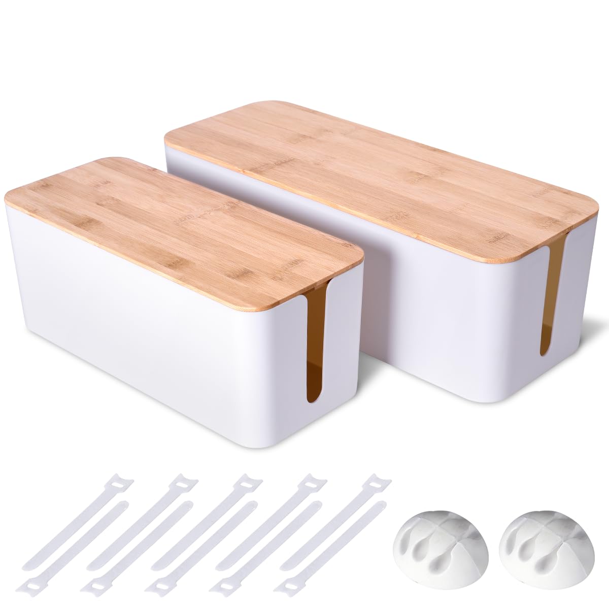 2 Pack Large Cable Management Box – Wooden Style Cord Organizer Box and Cover for TV Wires, Computer, Router, USB Hub and Under Desk Power Strip – Safe ABS Material and Baby-Pets Proof Lock (White)