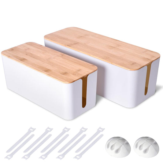 2 Pack Large Cable Management Box – Wooden Style Cord Organizer Box and Cover for TV Wires, Computer, Router, USB Hub and Under Desk Power Strip – Safe ABS Material and Baby-Pets Proof Lock (White)
