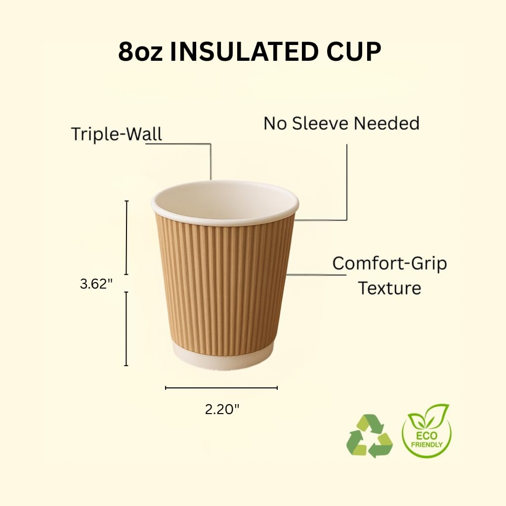 Levé (100 Pack – 8oz) Kraft Ripple Wall, Hot & Cold Paper Cups | Disposable Coffee Cups & Eco-Friendly for Coffee, Tea, Office, Home, Events (No Lids)