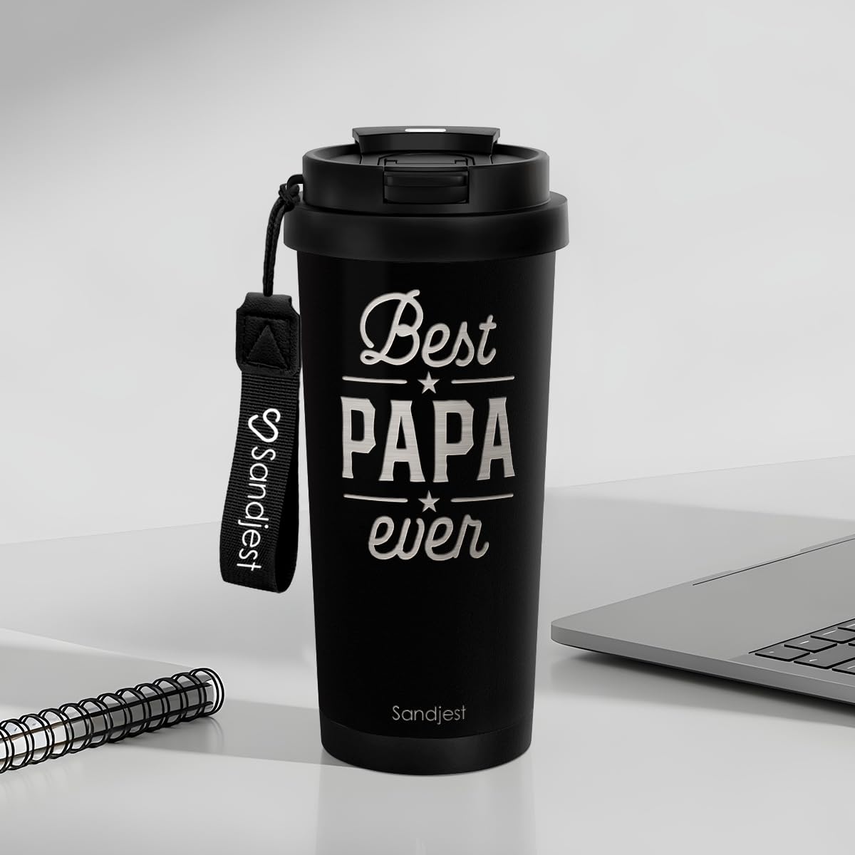 SANDJEST Dad Gift from Son Daughter, Stainless Steel 2-in-1 Lid Coffee Tumbler 18 oz, Best Papa Ever Insulated Travel Mug for Men Fathers Papa Daddy, Gift Idea for Birthday Christmas Fathers Day