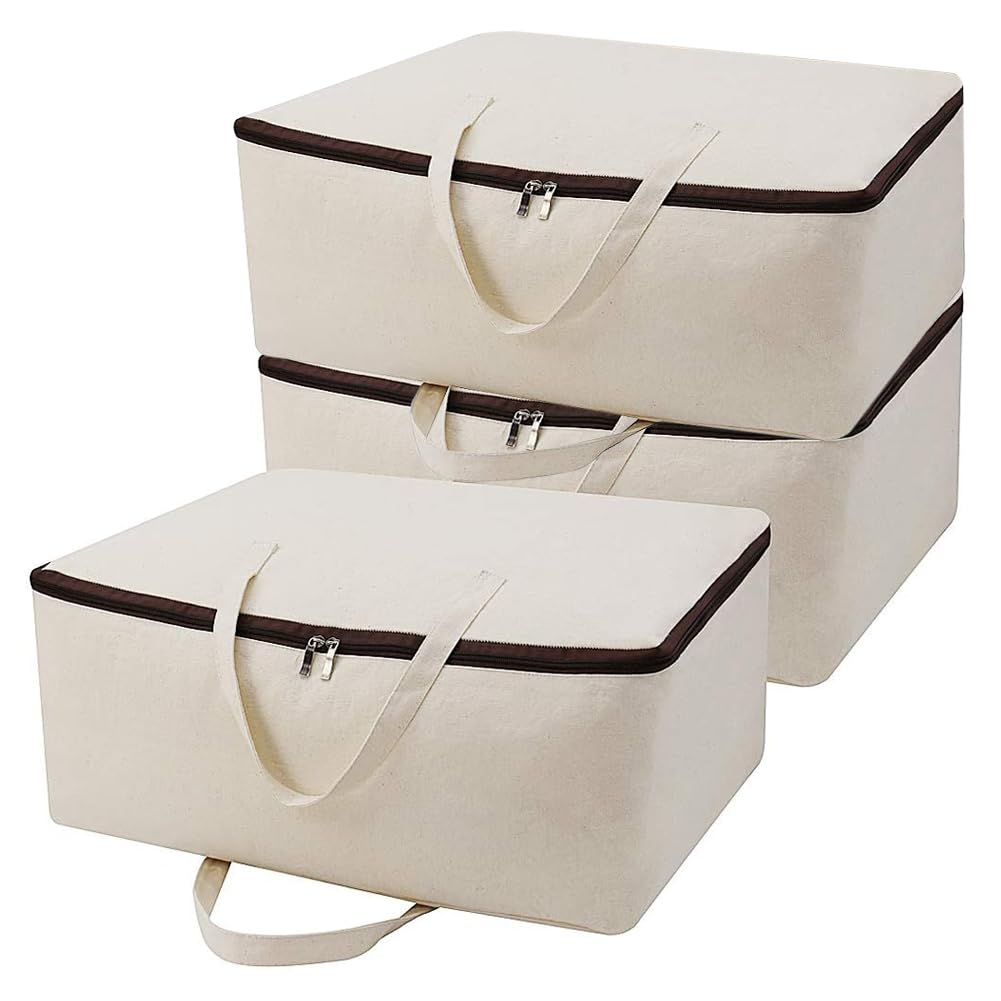 iwill CREATE PRO Breathable Canvas Cotton Soft Storage Bags with Handles & 3-side Zip, Good for Cotton Clothes Bedding Organizer Bins, Beige, 3pcs