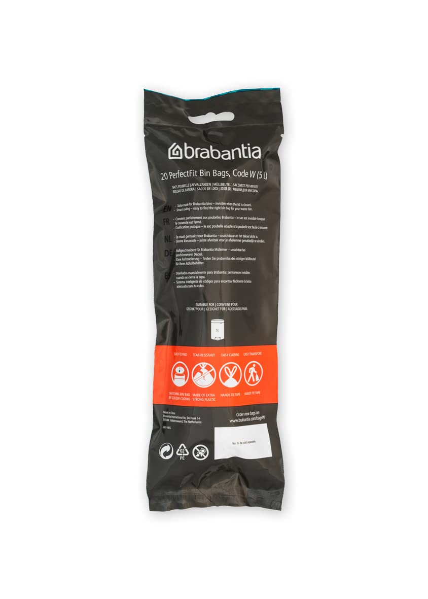 Brabantia PerfectFit Trash Bags (Size W/1.3 Gal) Thick Plastic Trash Can Liners with Drawstring Handles (200 Bags)