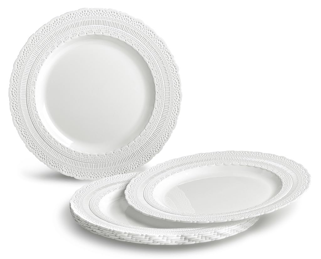 " OCCASIONS" 50 piece (25 guest) Extra Heavyweight Vintage Wedding Disposable/Reusable Plastic Plates (25 x 11'' dinner + 25 x 8.25'' salad/dessert) Chateau Collection in White