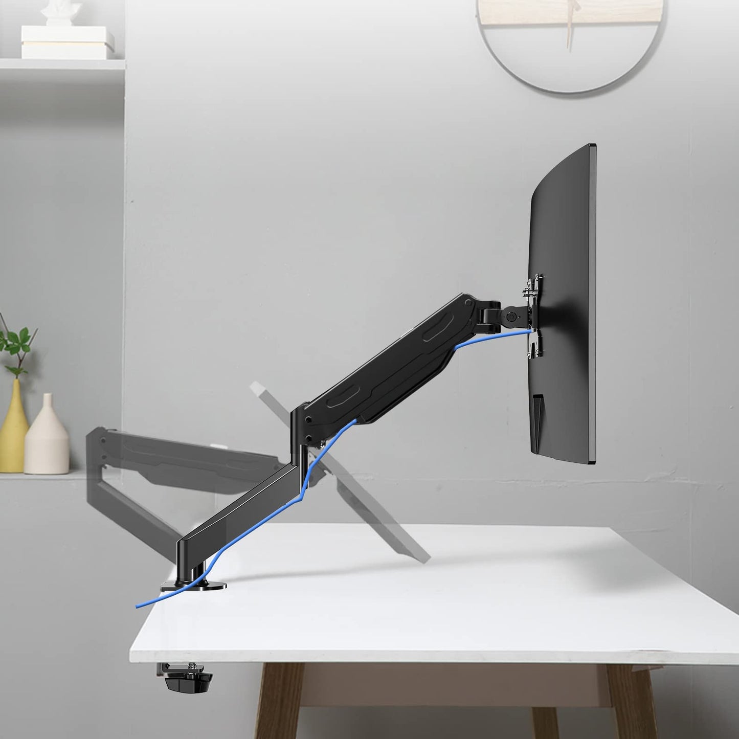 Gas Spring Monitor Arm 32 Inch,Adjustable Single Monitor Desk Mount with Swivel/Tilt/Rotation,Computer Monitors Stand Holder with Clamp/Grommet Mounting Base, VESA Mount Bracket