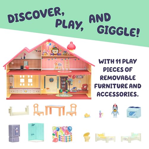Bluey's Celebration Home, Help Celebrate Bluey's Birthday, with 11 Play Pieces of Removable Furniture and Accessories, Plus 1 Exclusive 6.3cm Bluey Figure