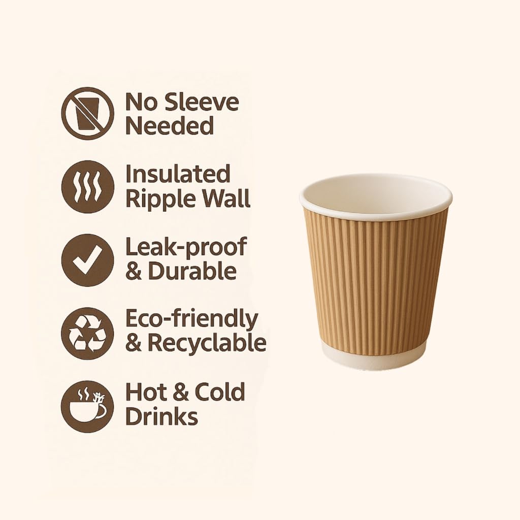 Levé (100 Pack – 8oz) Kraft Ripple Wall, Hot & Cold Paper Cups | Disposable Coffee Cups & Eco-Friendly for Coffee, Tea, Office, Home, Events (No Lids)