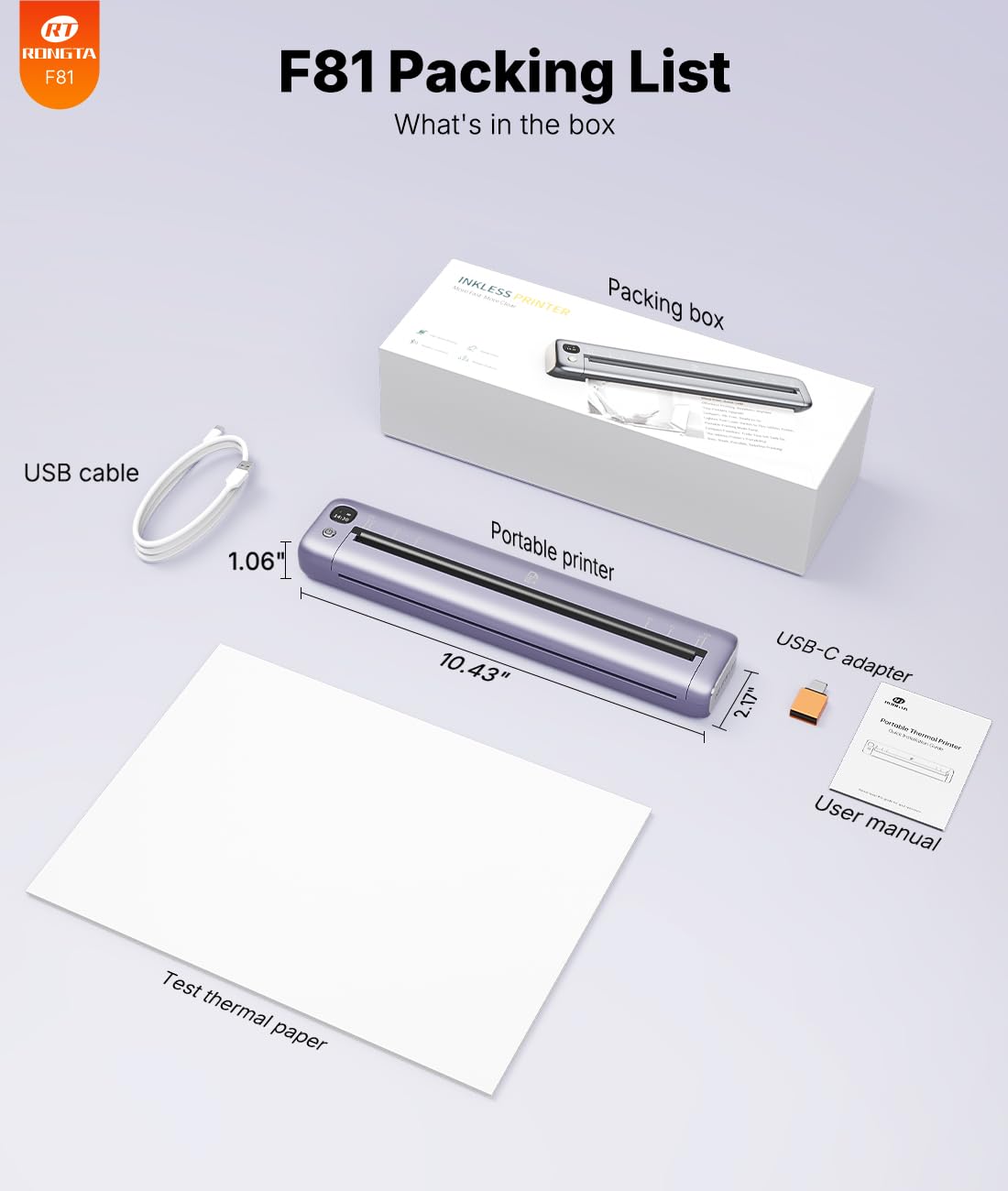 Rongta Portable Printer Wireless for Travel, Inkless Thermal Printer, Compatible with Android,iOS & Laptop, Small Bluetooth Mobile Printer for School/Office/Home Use (Purple)